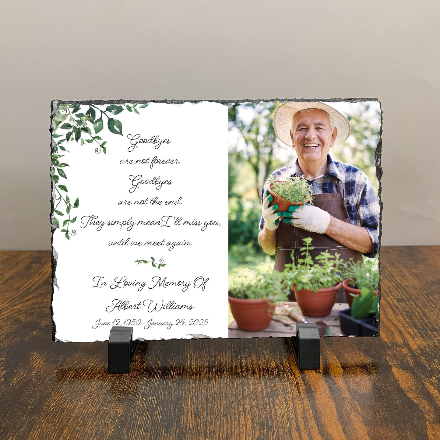 Personalized photo memorial plaque on a desk. Customized with photo of grandfather. Features choice of sympathy quotes. Sympathy gift for loss of father.