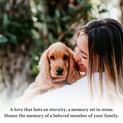 Woman holding a dog with a quote about honoring the memory of a loved one.