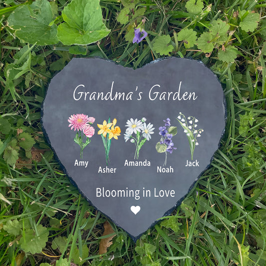 Personalized Grandma's Garden Stone with 5 Custom Birth Flowers: Pink Mum (Amy), Daffodil (Asher), Daisy (Amanda), Violet (Noah), Lily of the Valley (Jack) and "Blooming in Love."