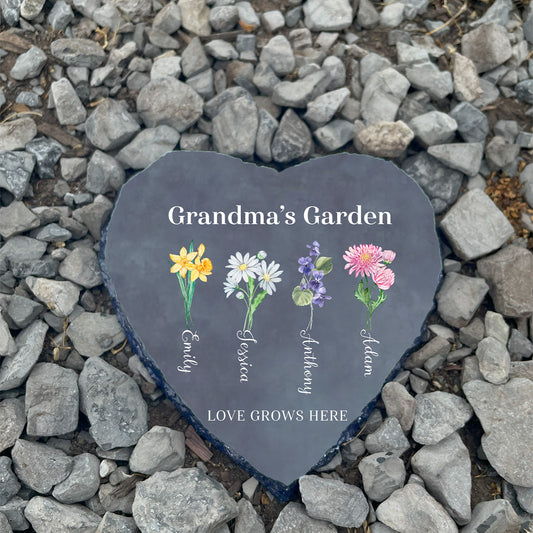 Personalized Grandma's Garden Stone with Custom Birth Flowers, Names Emily (Daffodil), Jessica (Daisy), Anthony (Violet), Adam (Aster), and "Love Grows Here."