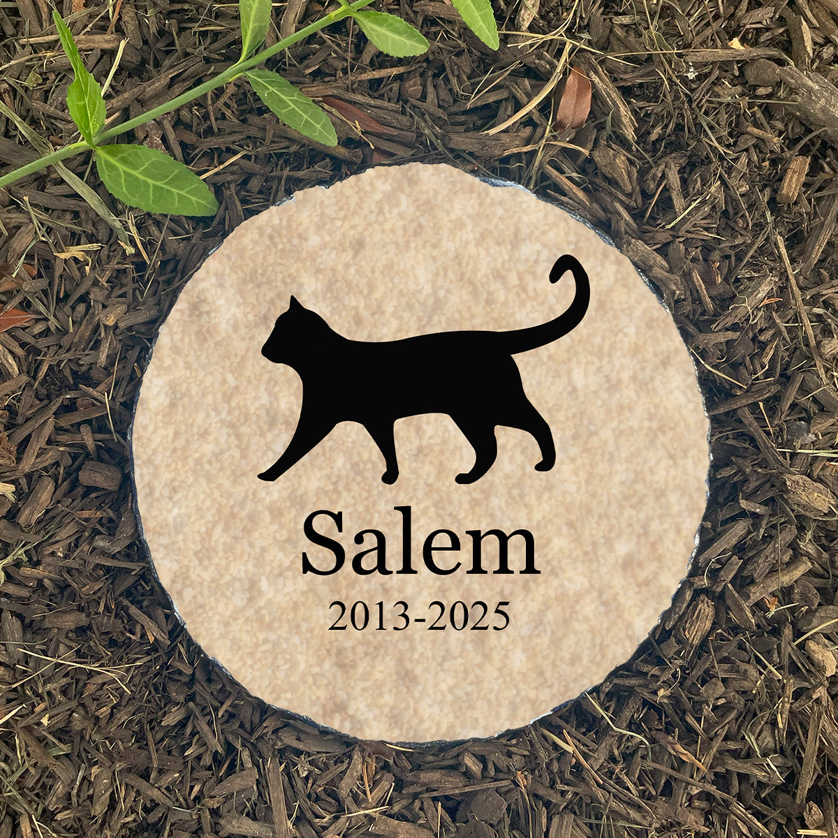 Personalized cat silhouette memorial stone on gravel. Custom-printed with name Salem. Sympathy gift for loss of cat.