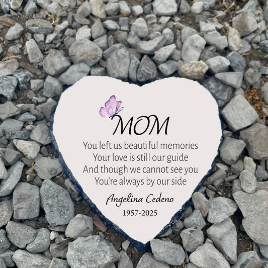 Personalized Mom memorial stone with purple butterfly on gravel. Sympathy gift for loss of a mother. Customized with name Angelina Cedeno.