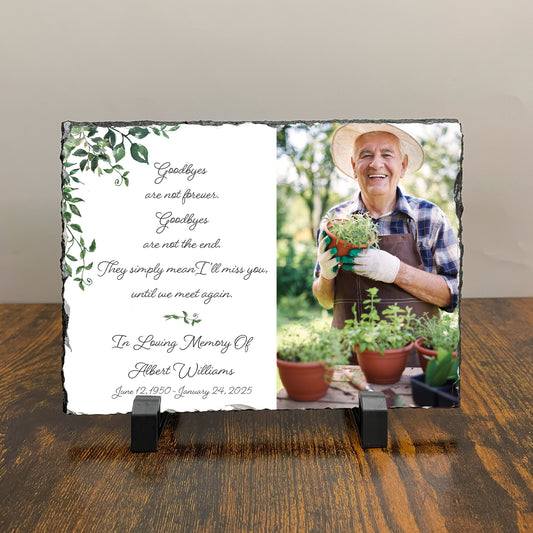 Personalized photo memorial plaque on a desk. Customized with photo of grandfather. Features choice of sympathy quotes. Sympathy gift for loss of father.