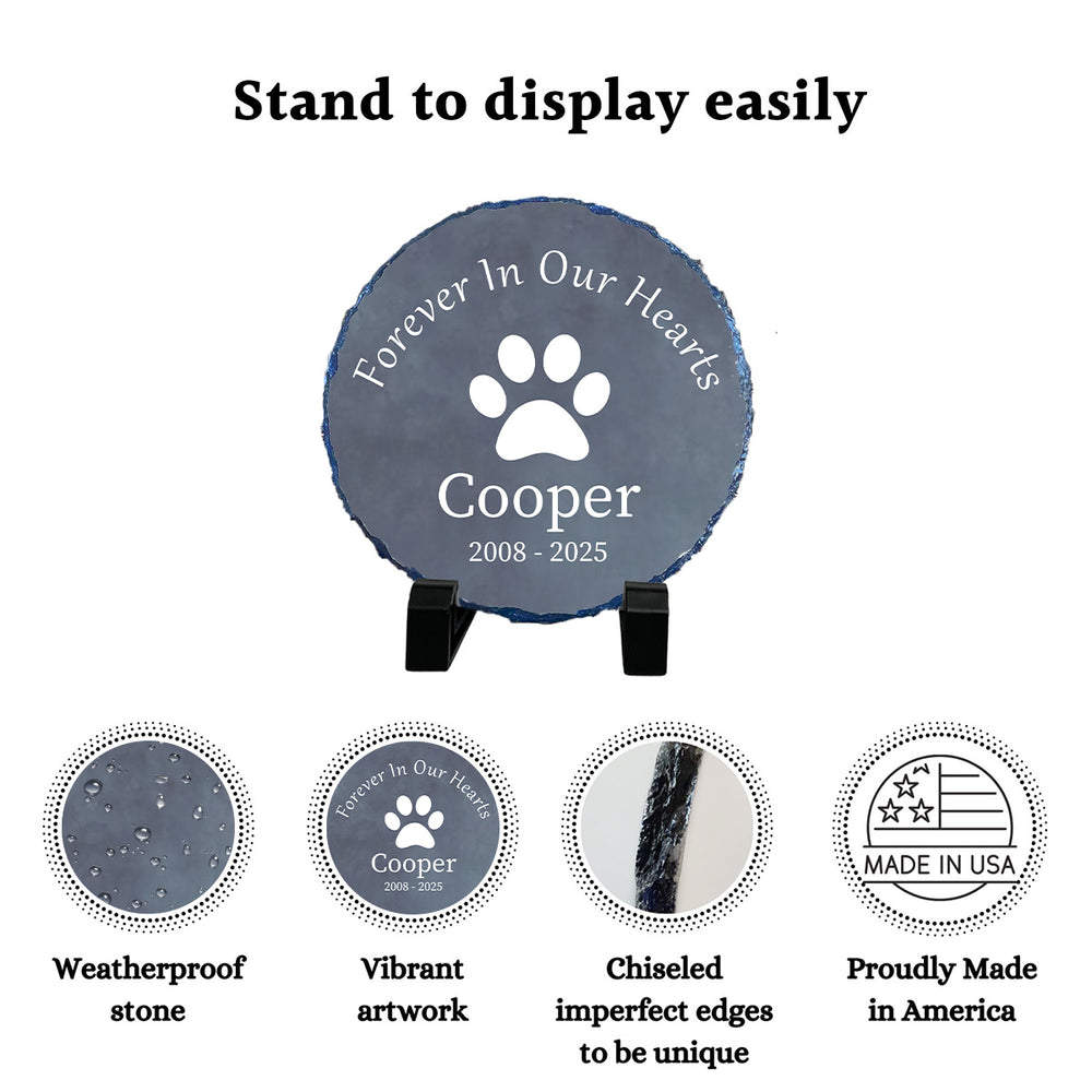 Personalized pet memorial stone with stand, paw print design, and text 'Forever In Our Hearts Cooper 2008-2025'.