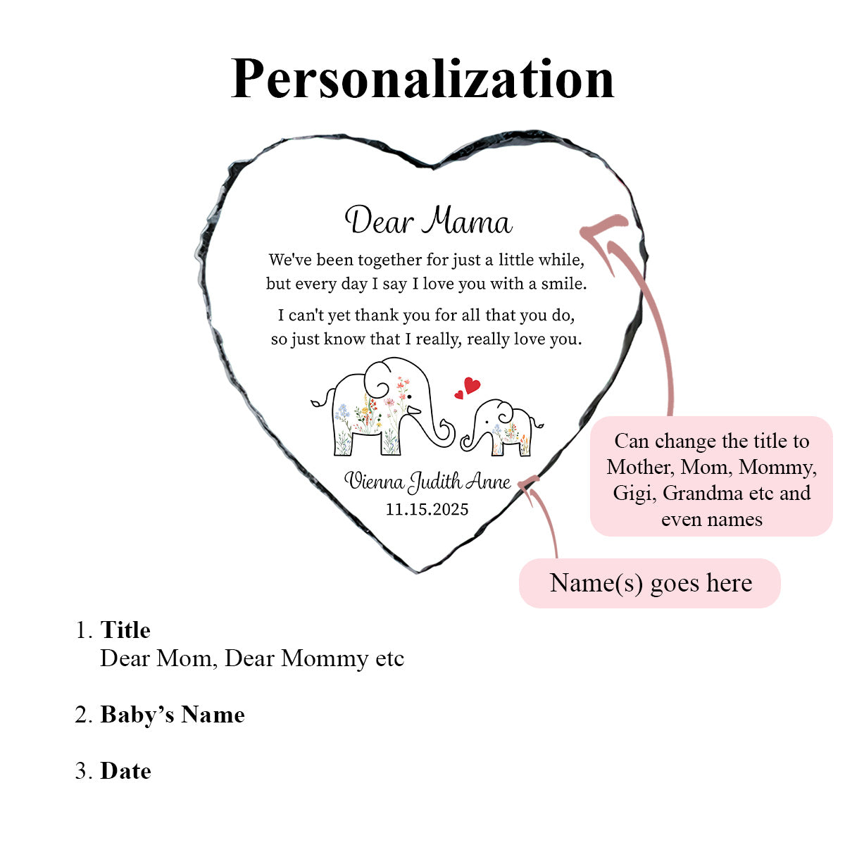 Personalized Elephant Heart Stone Plaque for New Moms