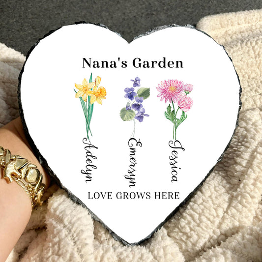 Personalized Nana's Garden Stone with 3 Custom Birth Flowers and "LOVE GROWS HERE."