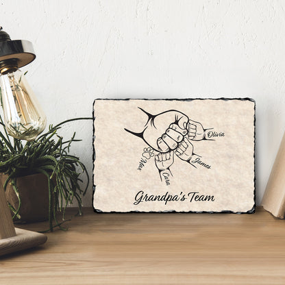 Personalized Grandpa's Team Plaque with Fist Bump graphic and names. Best sentimental gift from grandchildren for Christmas.