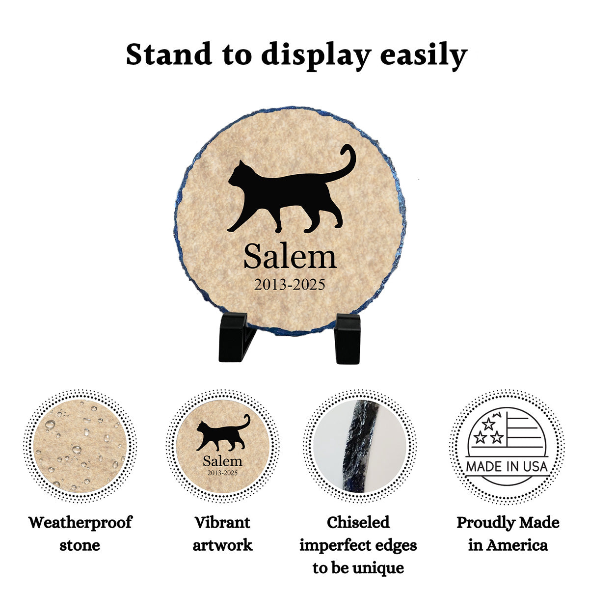 Decorative stone with a cat silhouette and text, displayed on a stand with product features listed below.