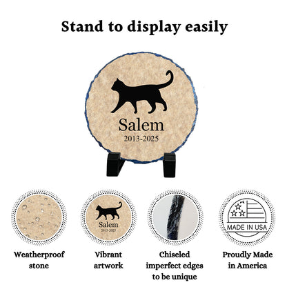 Decorative stone with a cat silhouette and text, displayed on a stand with product features listed below.