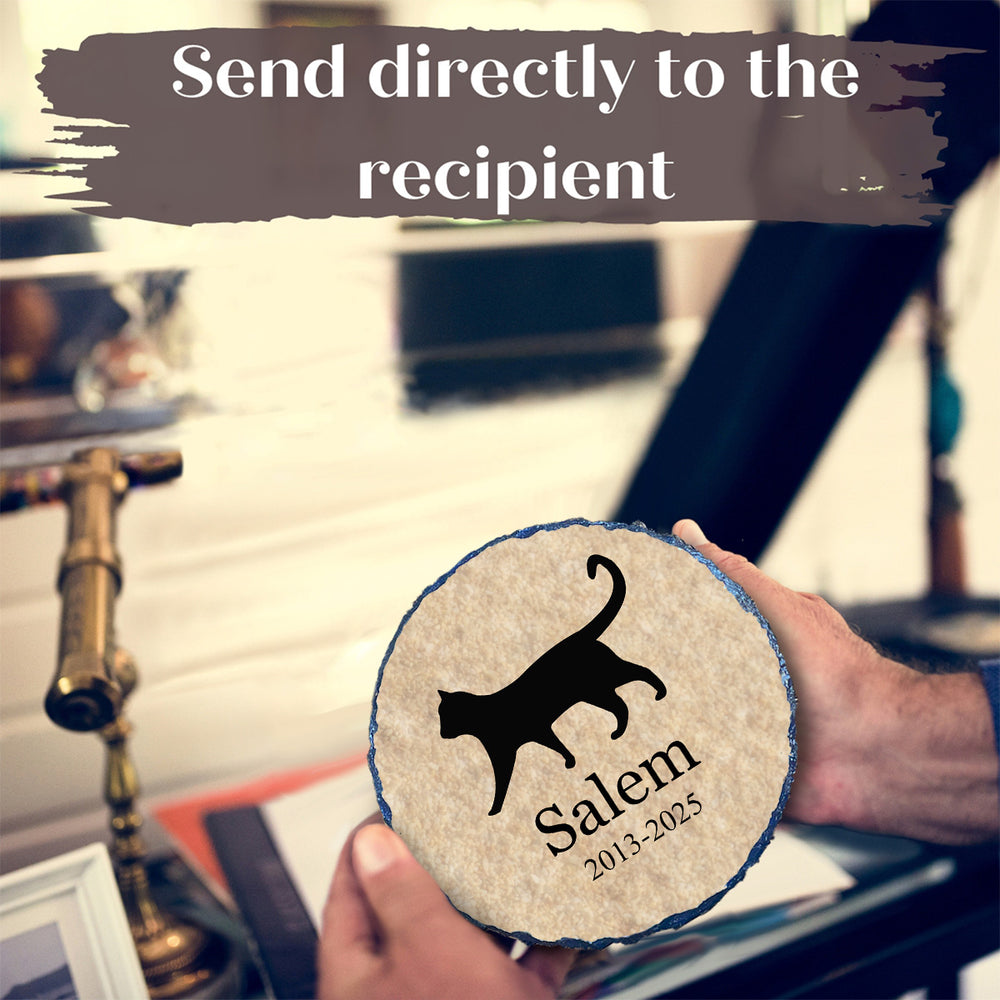 Round decorative item with a cat silhouette and 'Salem' text, held by a person in an indoor setting.