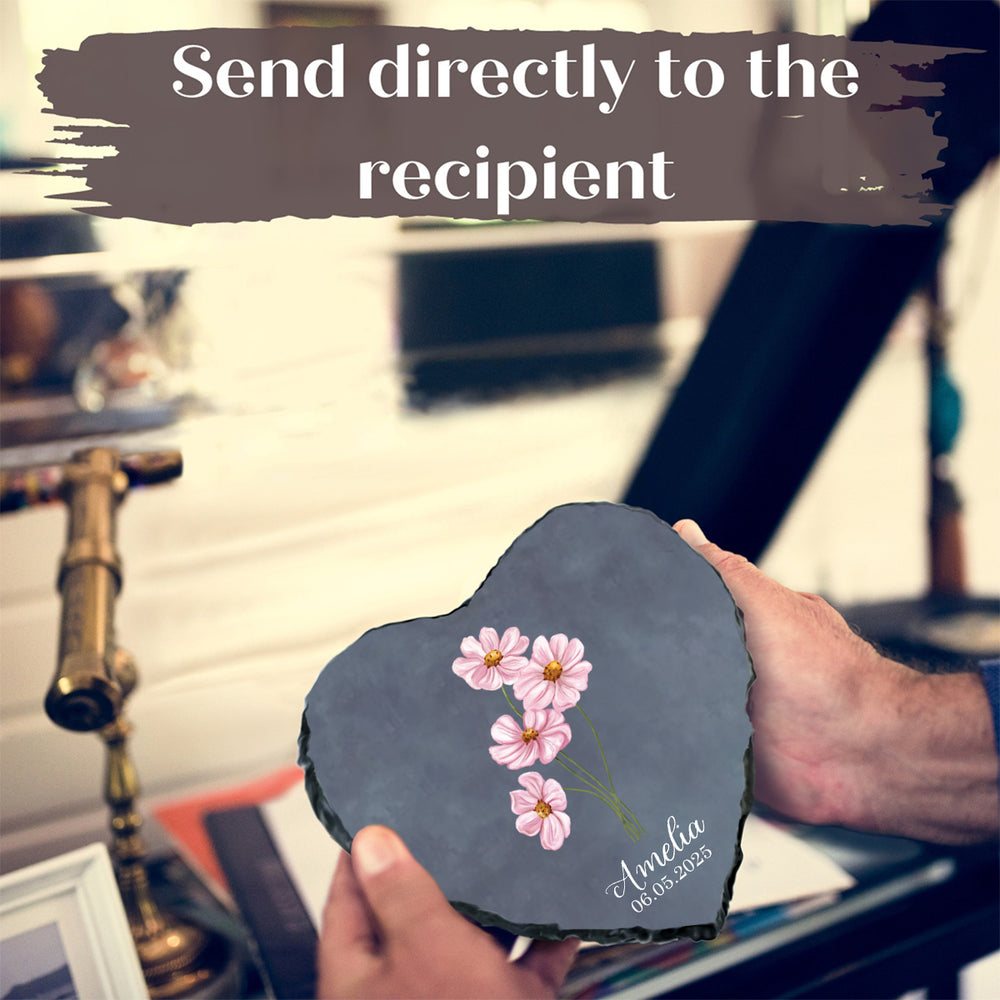 Heart-shaped slate with floral design held by a person, with text 'Send directly to the recipient' at the top.