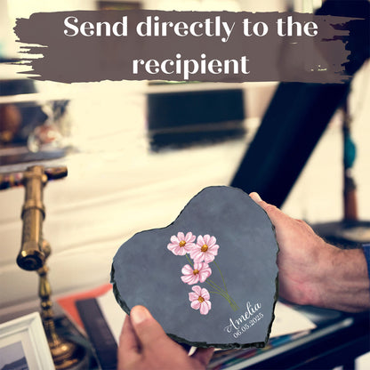 Heart-shaped slate with floral design held by a person, with text 'Send directly to the recipient' at the top.