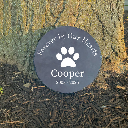 Personalized paw print pet memorial stone at sunlit tree base. Customized with name Cooper. Sympathy gift for loss of dog.