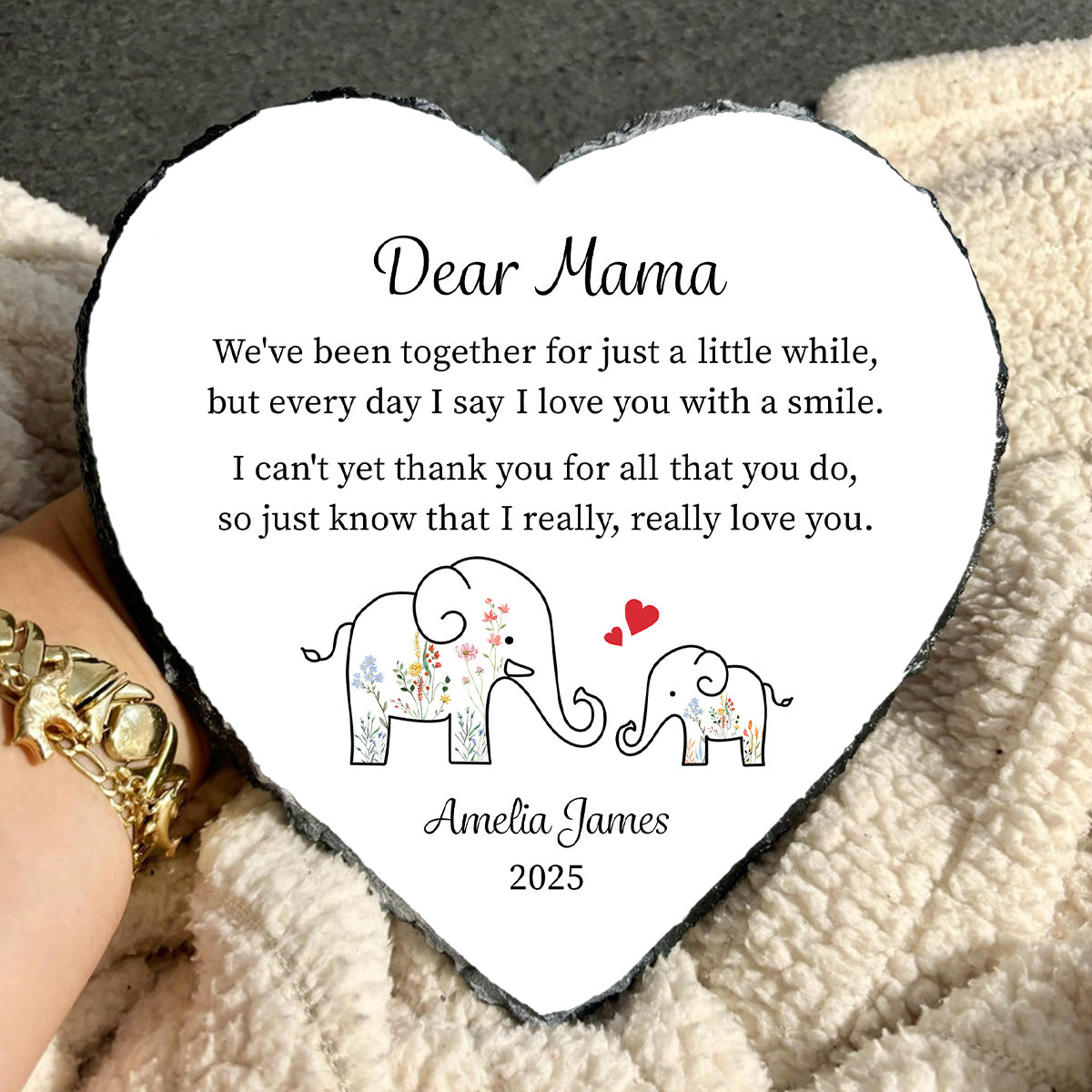 "Dear Mama" Heart Stone with floral elephants and poem "We've been together for just a little while..." Customized with name Amelia James and year 2025.