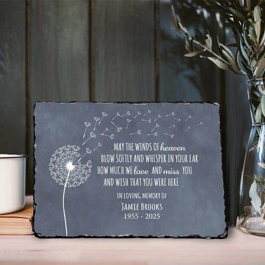 Personalized Dandelion Memorial Plaque on dark shelf. Customized with name Jamie Brooks. "Winds of Heaven" quote. Sympathy gift for loss of loved one.