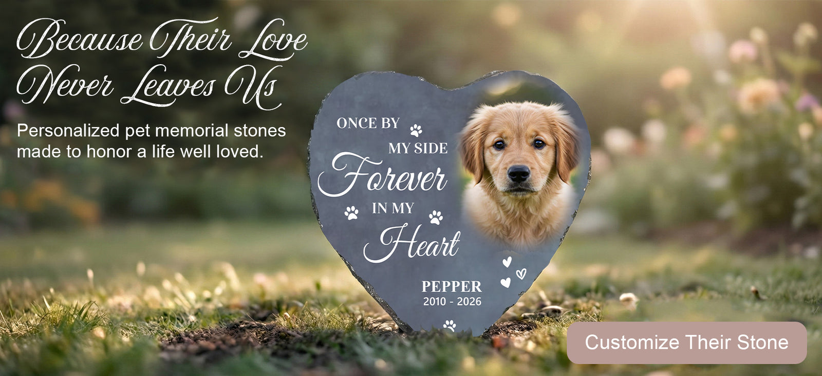 Personalized heart-shaped pet memorial garden stone with custom photo and text, sitting peacefully in sunlit grass to honor a beloved dog.