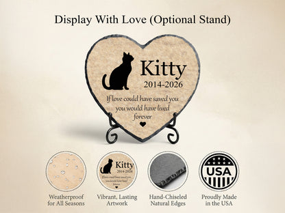 Heart-shaped wooden plaque with a cat silhouette and text, displayed on an optional stand.